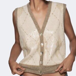 NWT ZARA ARGYLE SEQUIN KNIT VEST TOP SIZE S